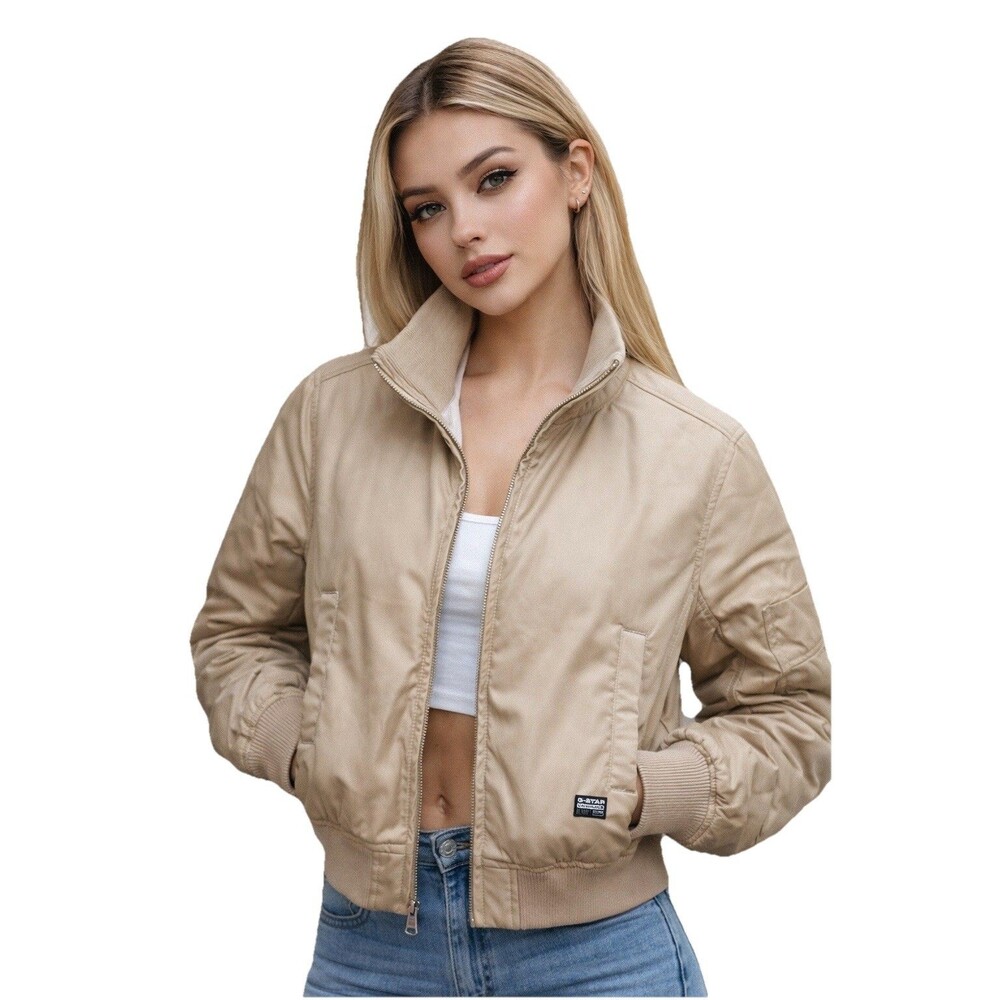 G-Star Raw Womens XS Satin‎ Bomber Jacket Beige Zip Streetwear NWT